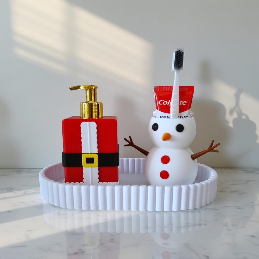 Porta Sabonete Líquido Noel (Saboneteira Natal) e Porta Escovas Boneco de Neve
